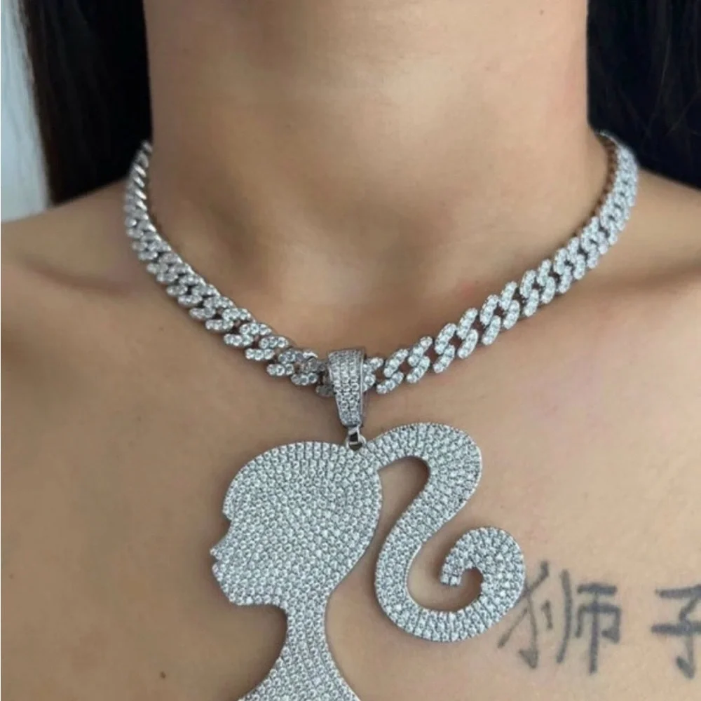 Silver Barbie Cuban Pendan Necklace 16inch